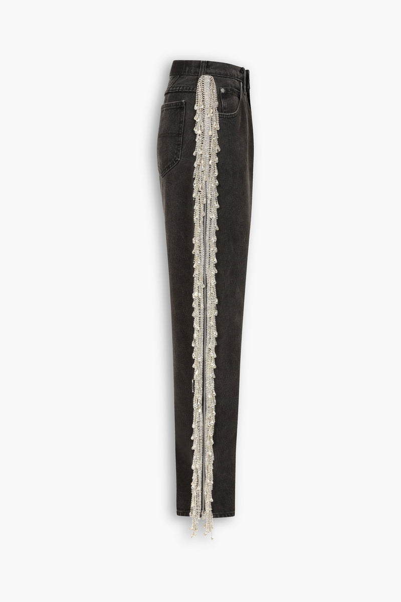 Vintage Crystal Fringe Jeans in Black