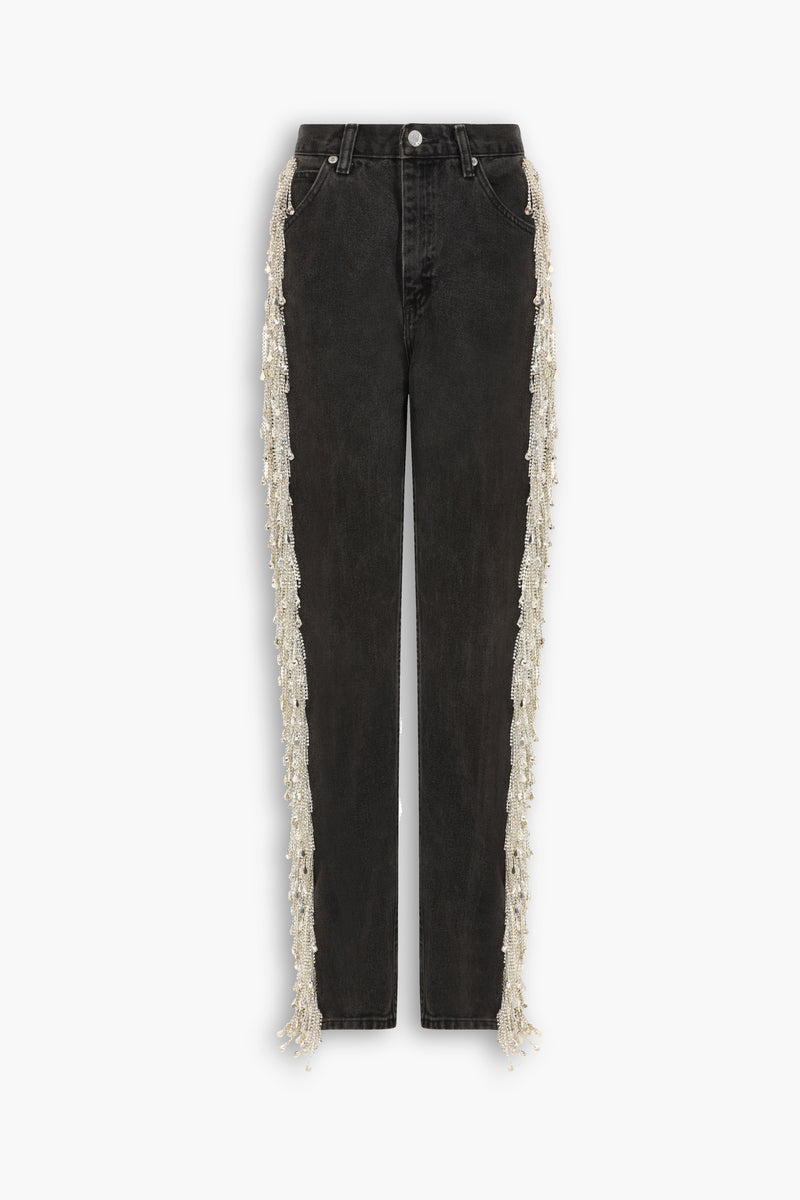 Vintage Crystal Fringe Jeans in Black