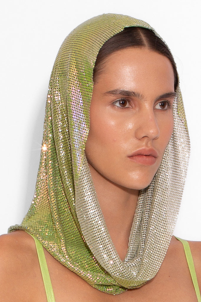 Draped Chainmail Hood in Green Iridescent