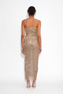 Crystal Embellished Fishnet Strapless Top in Gold