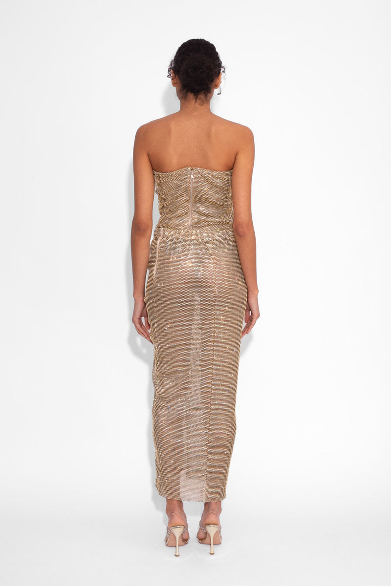 Crystal Embellished Fishnet Strapless Top in Gold