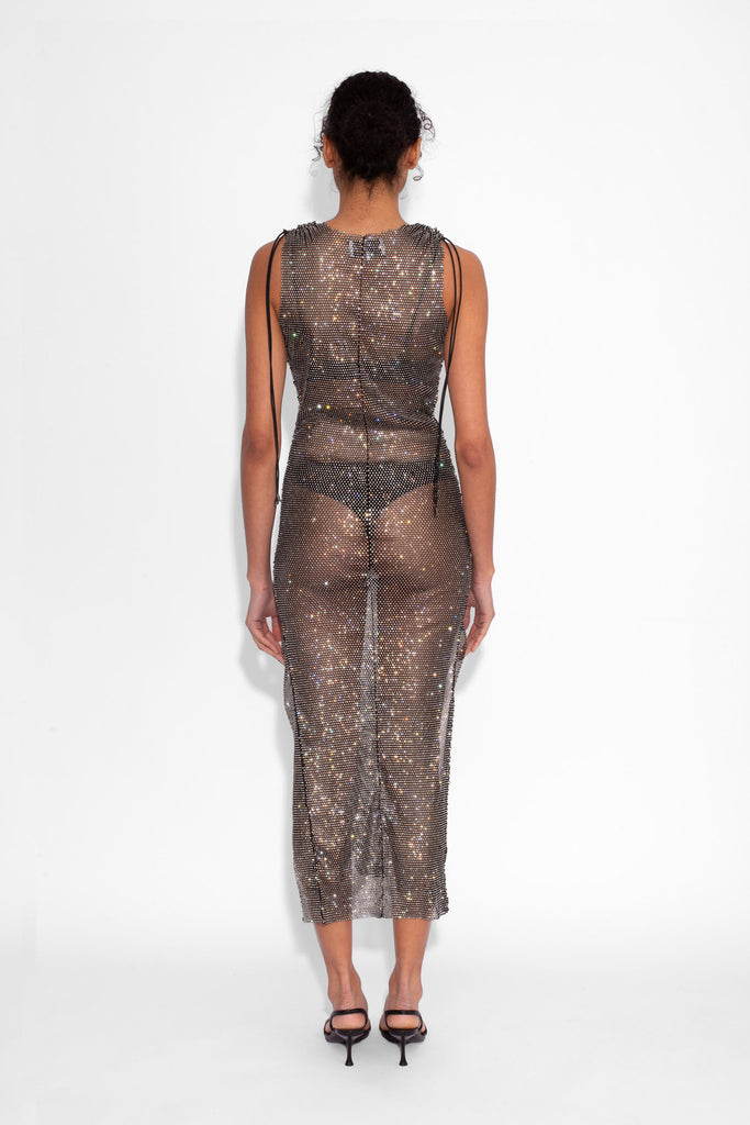 Crystal Embellished Fishnet Vest Dress in Black