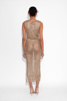 Crystal Embellished Fishnet Vest Dress in Gold