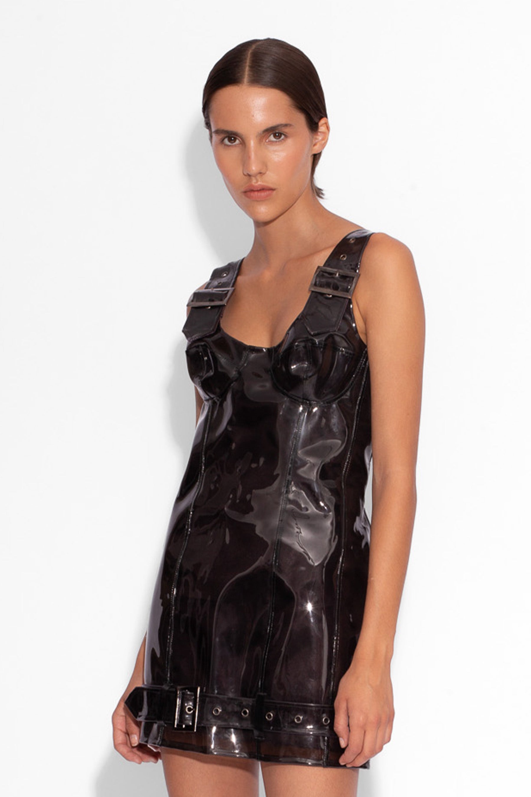 PVC Buckle Mini Dress in Black