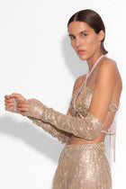 Crystal Embellished Fishnet Gloves in Gold