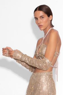 Crystal Embellished Fishnet Gloves in Gold