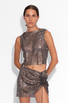 Crystal Embellished Fishnet Mini Skirt in Black