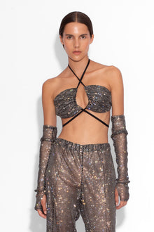 Crystal Embellished Fishnet Cross Bikini Top in Black
