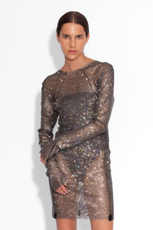 Crystal Embellished Fishnet Mini Dress in Black