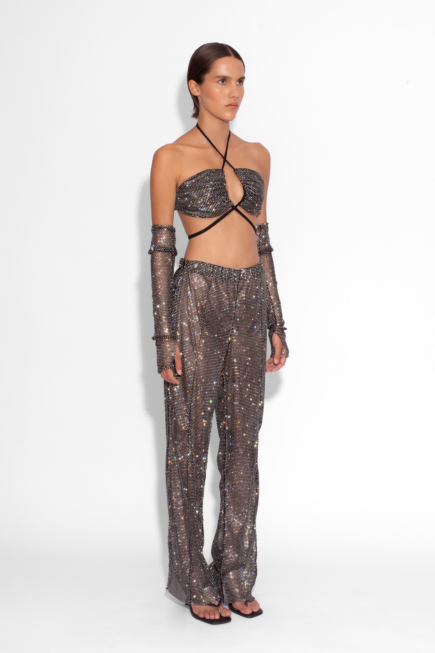 Crystal Embellished Fishnet Cross Bikini Top in Black