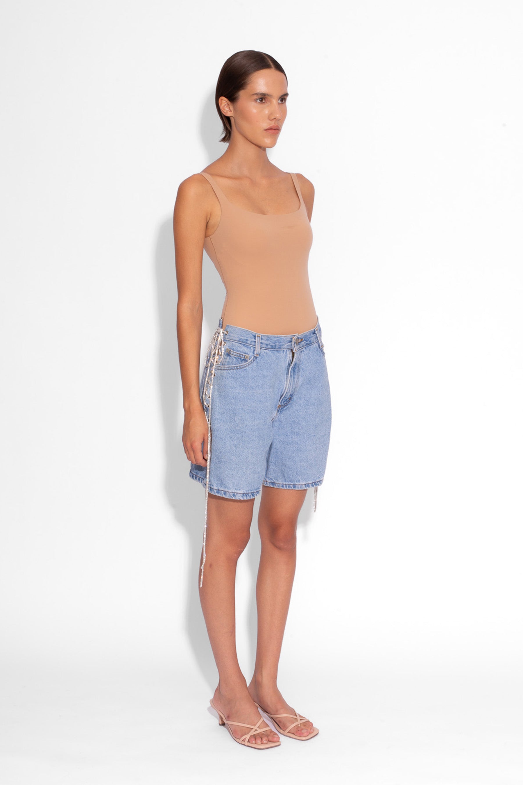 Vintage Denim Crystal Lace Up Shorts