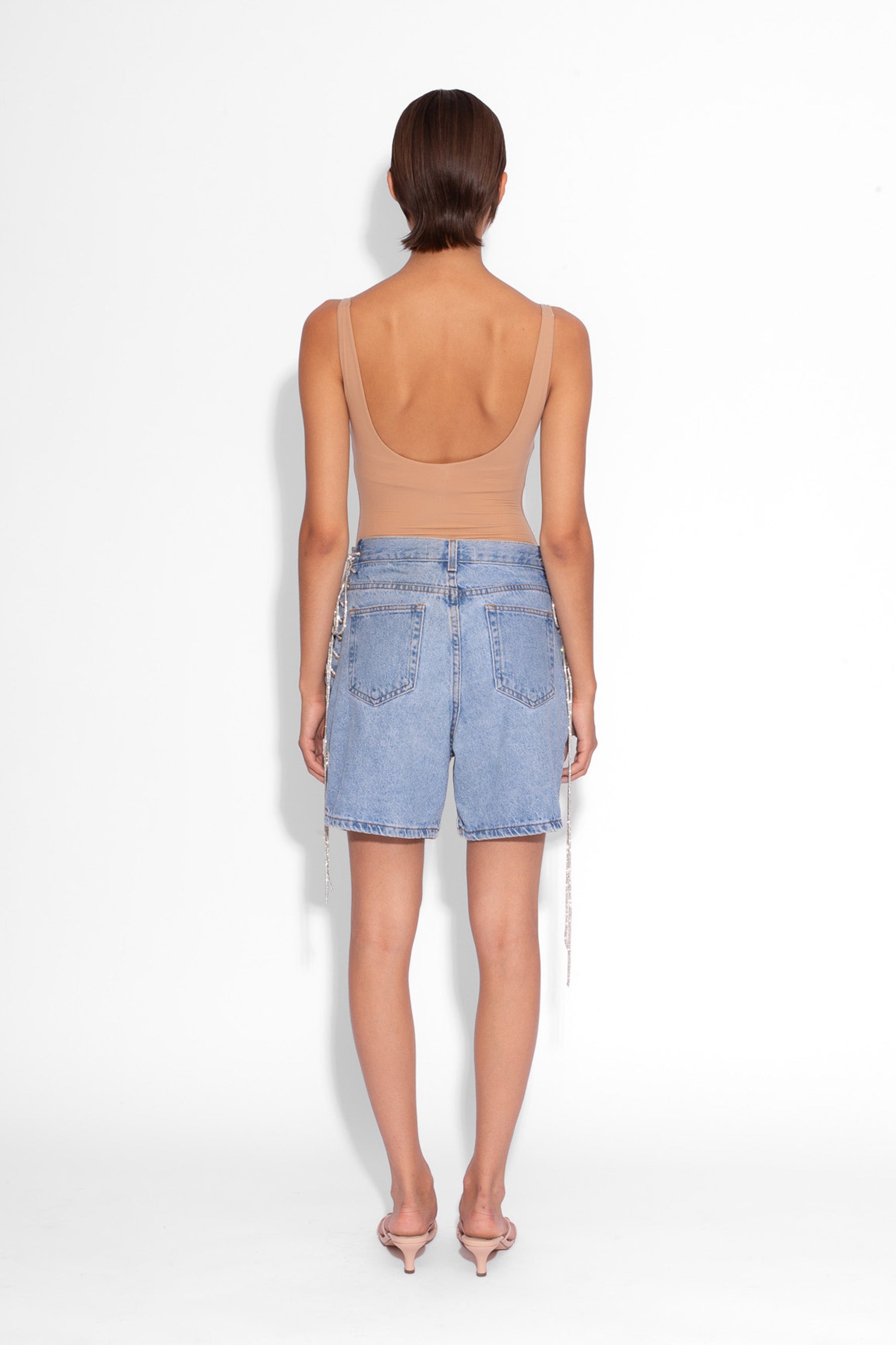Vintage Denim Crystal Lace Up Shorts