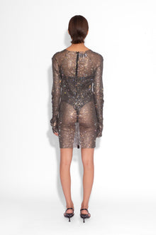 Crystal Embellished Fishnet Mini Dress in Black