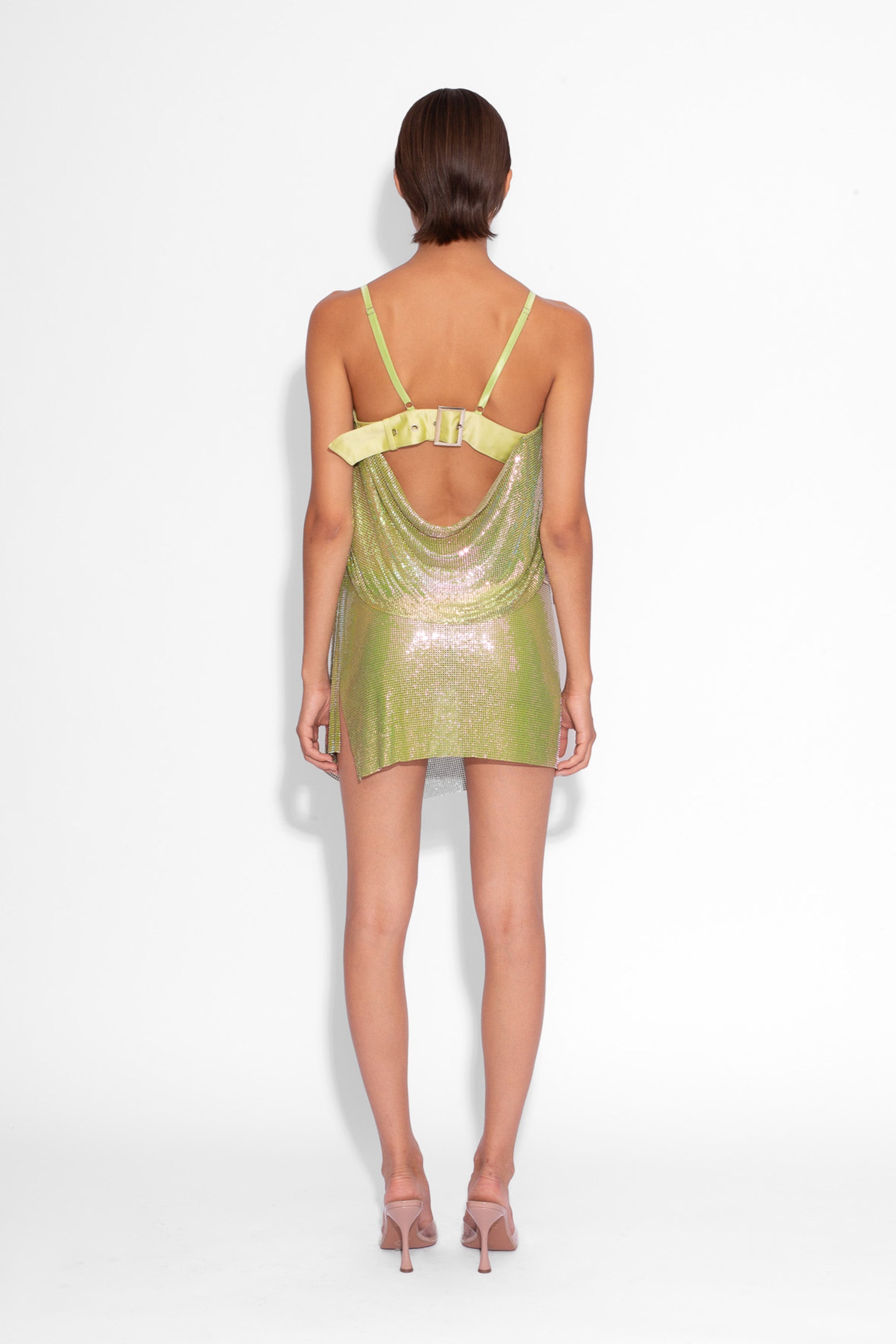 Buckle Chainmail Mini Skirt in Green Iridescent | KARIZMA Buckle Chainmail Mini Skirt in Green Iridescent | KARIZMA