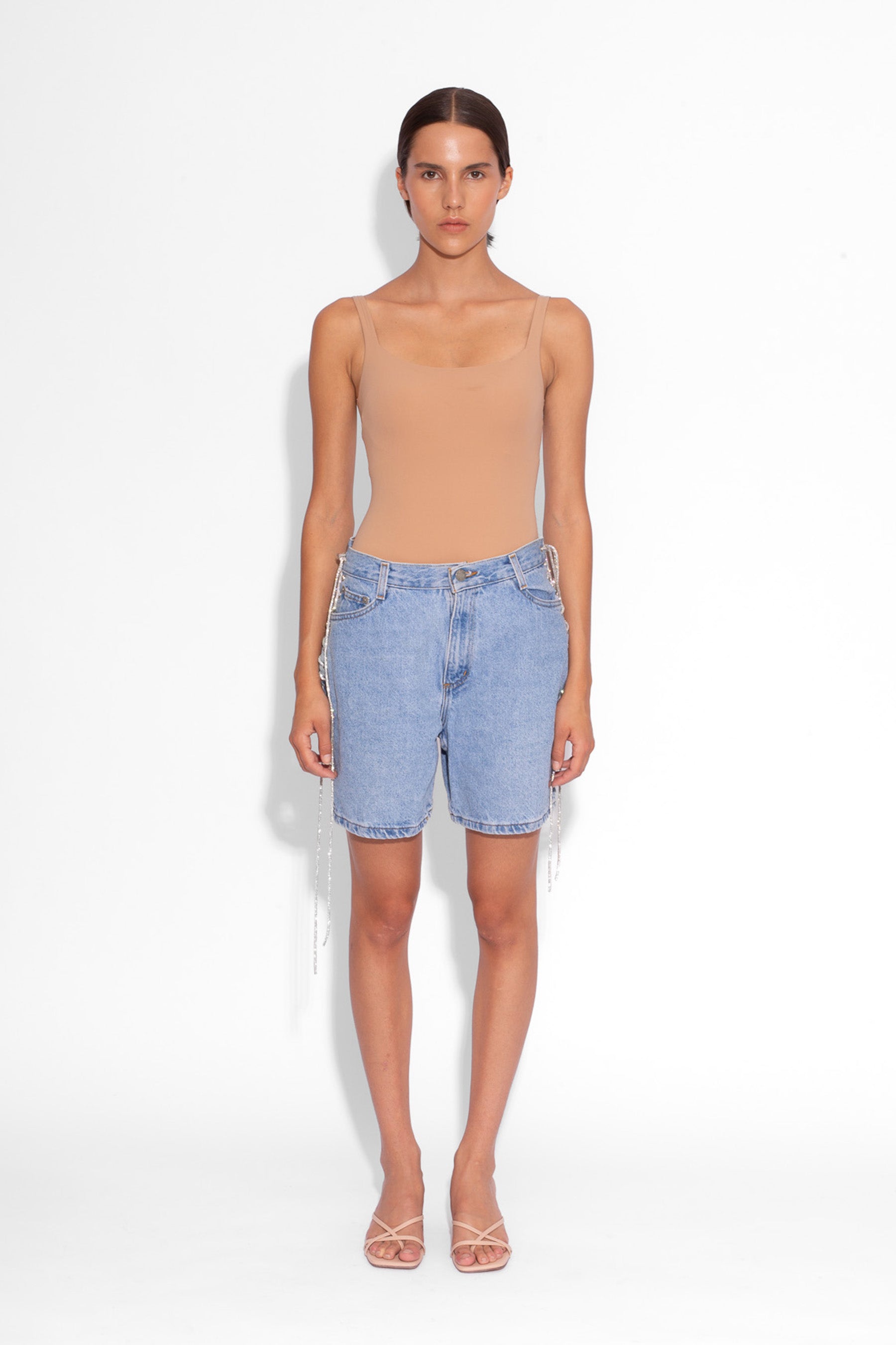 Vintage Denim Crystal Lace Up Shorts