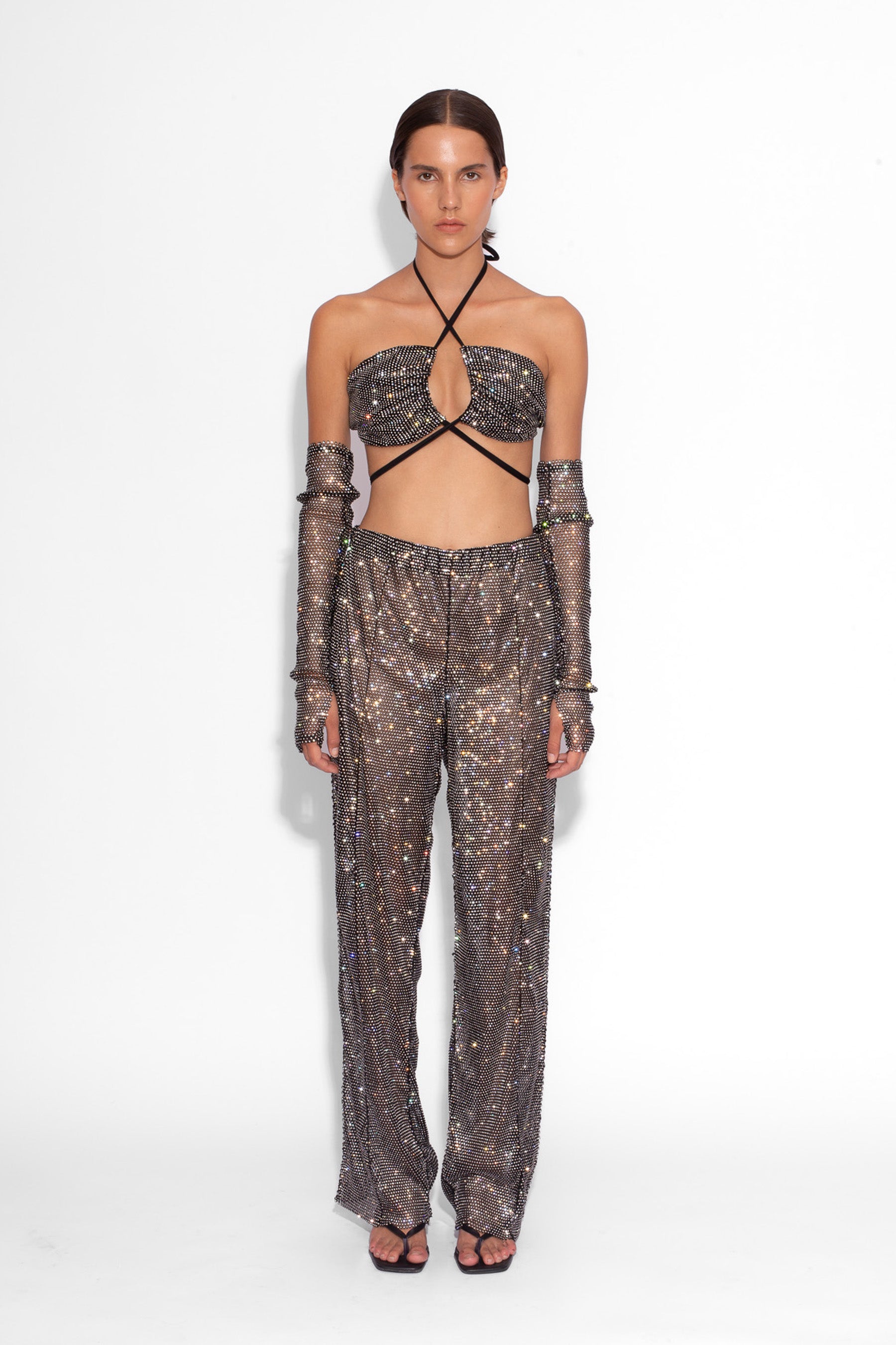 Crystal Embellished Fishnet Cross Bikini Top in Black
