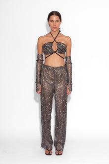 Crystal Embellished Fishnet Cross Bikini Top in Black