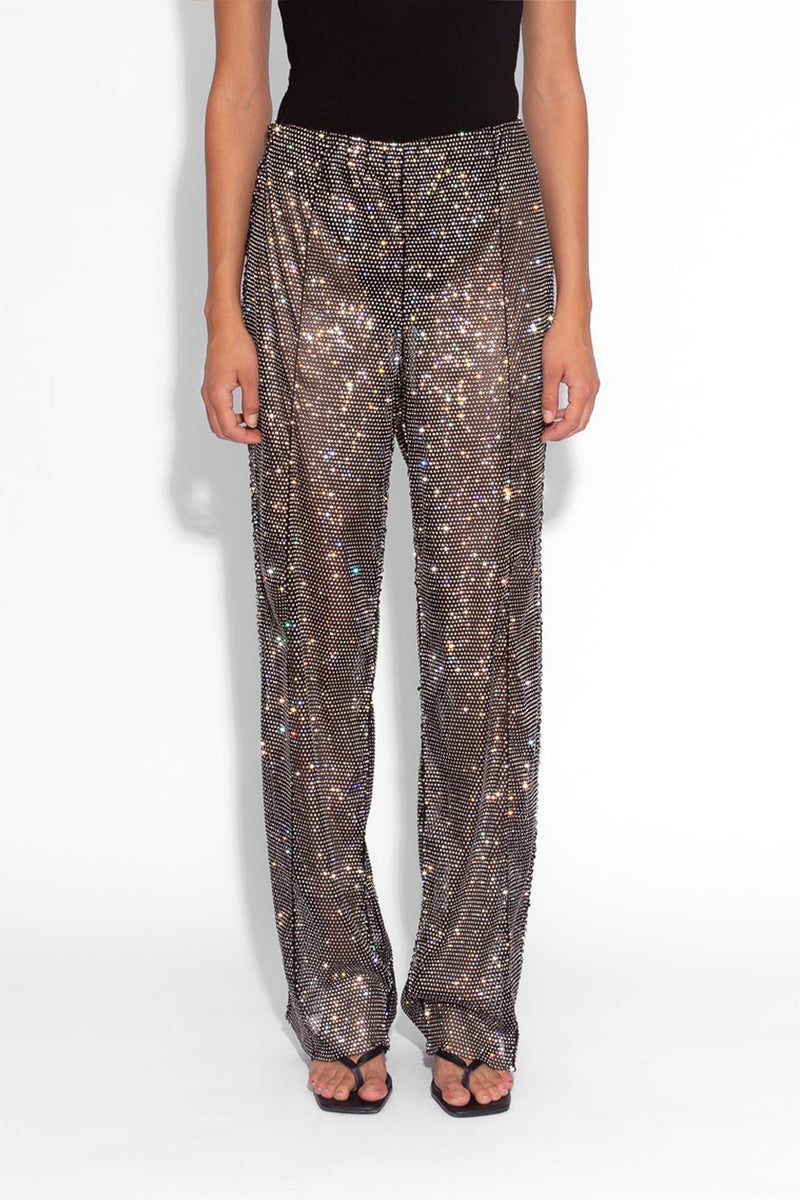 Crystal Embellished Fishnet Trousers in Black