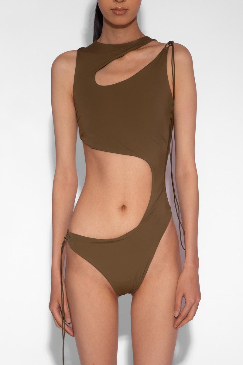 Stretch Cut Out One Piece in Khaki