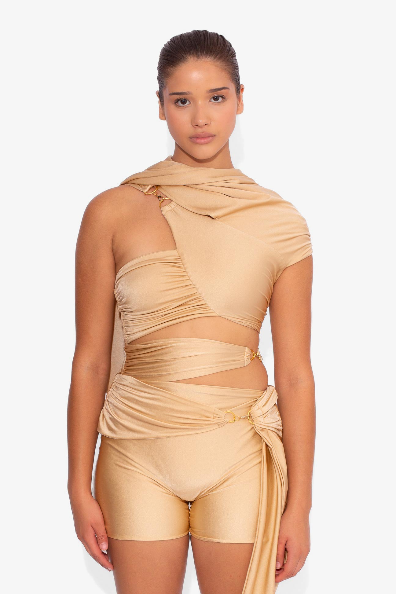 Stretch Draped Shorts in Sand