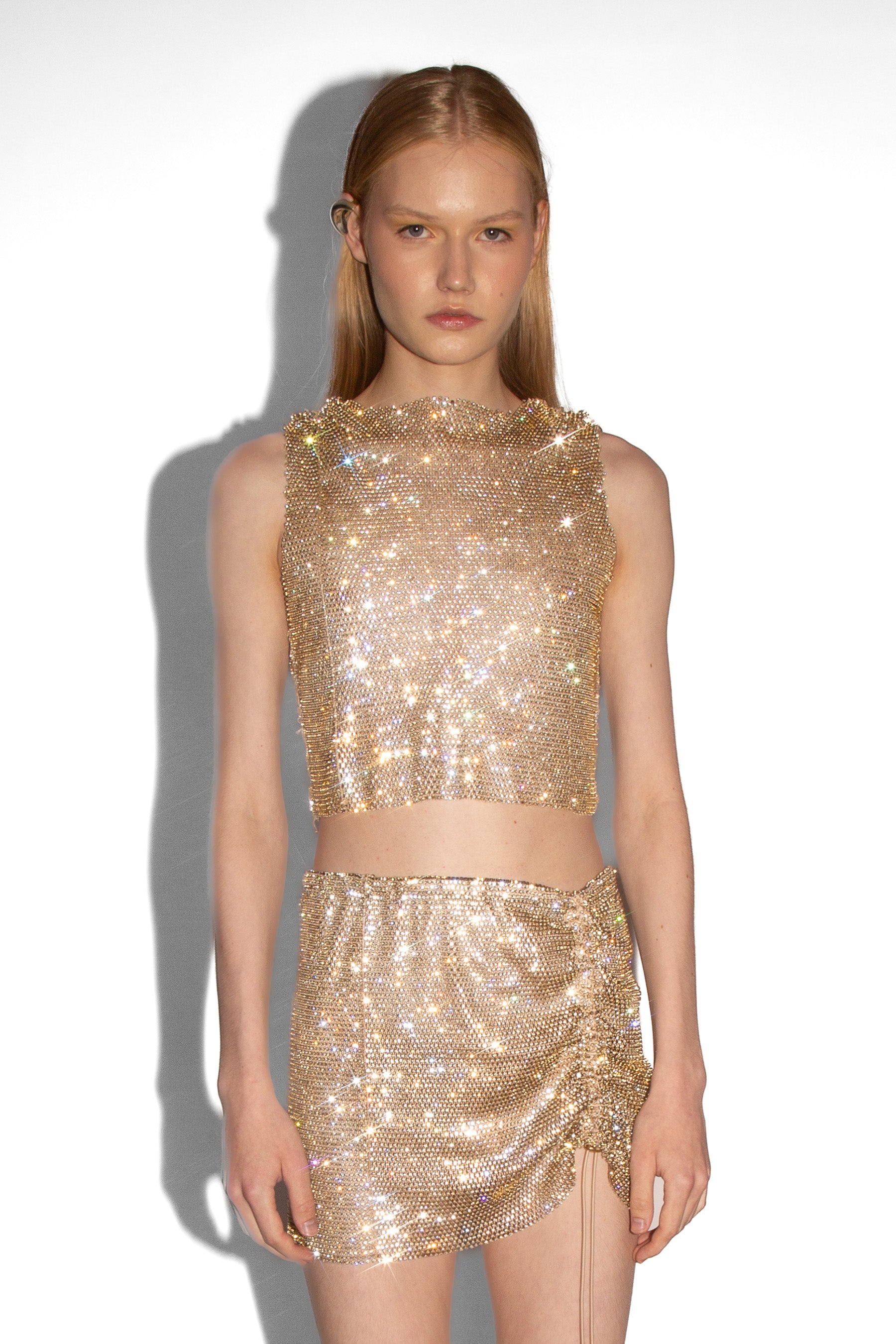 Crystal Embellished Fishnet Mini Skirt in Gold | KARIZMA