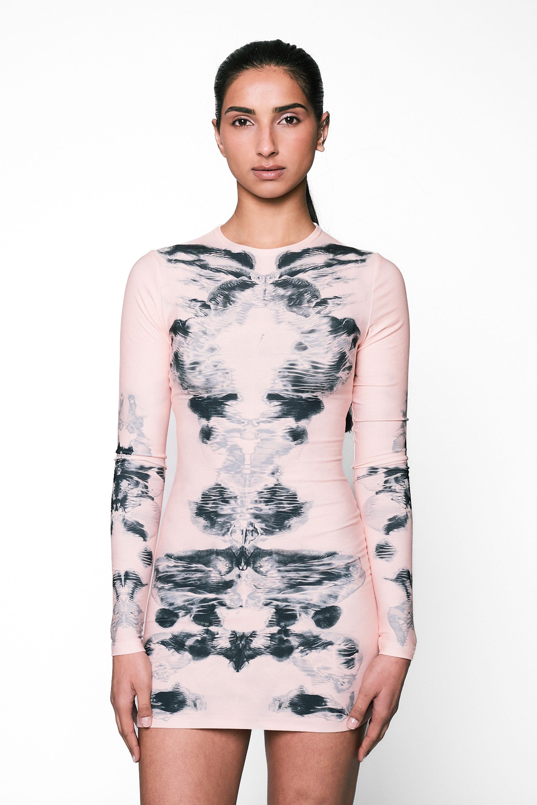 Alienis Print Mini Dress in Peach