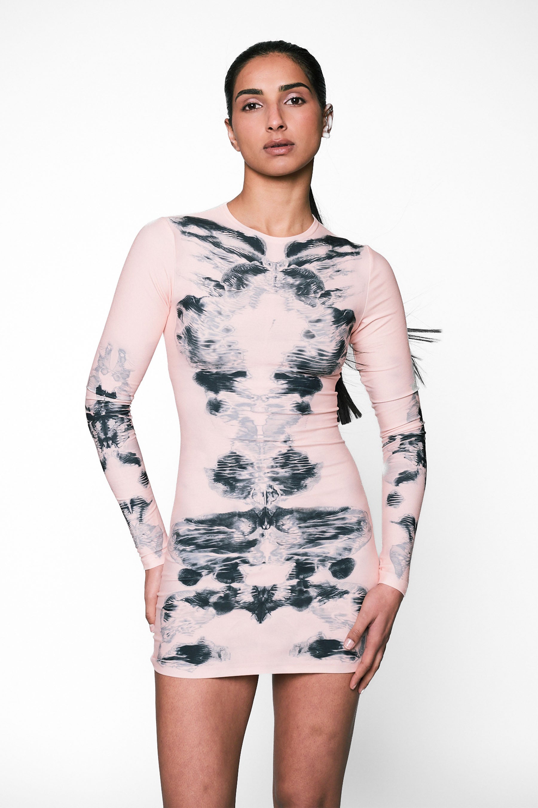 Alienis Print Mini Dress in Peach