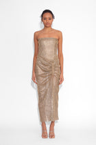 Crystal Embellished Fishnet Strapless Top in Gold