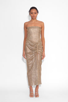 Crystal Embellished Fishnet Strapless Top in Gold