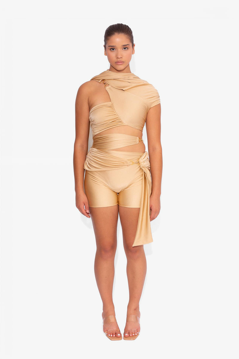 Stretch Draped Shorts in Sand
