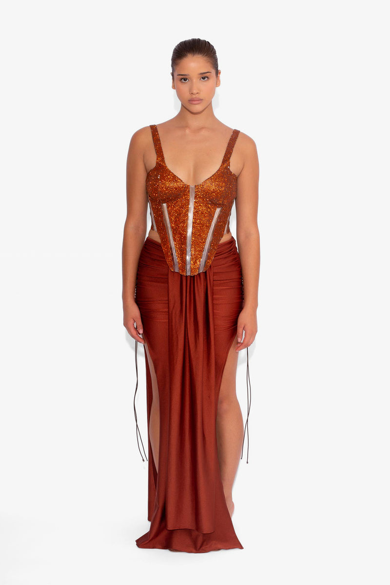Front Draped Stretch Skirt in Rust