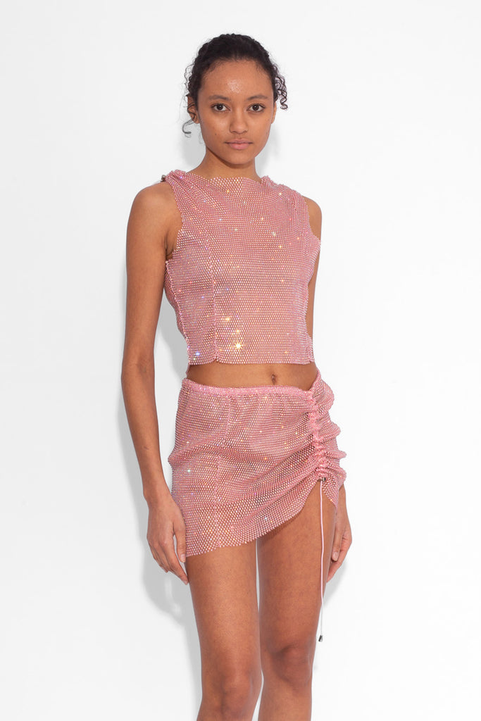 Crystal Embellished Fishnet Tank Top in Baby Pink