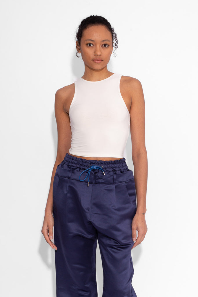 Double Waisted Satin Trousers in Navy