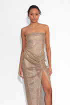 Crystal Embellished Fishnet Strapless Top in Gold