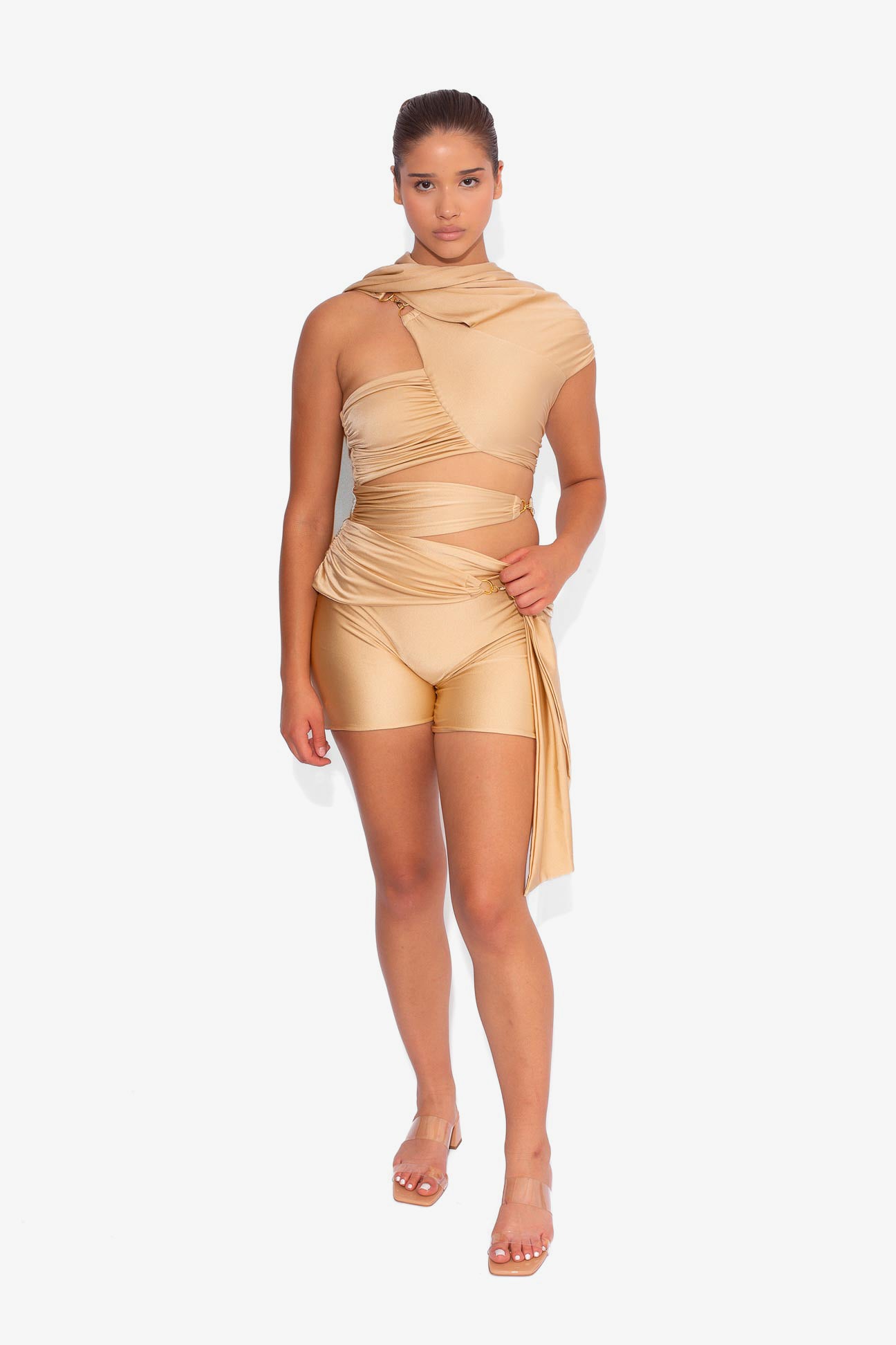 Stretch Draped Shorts in Sand