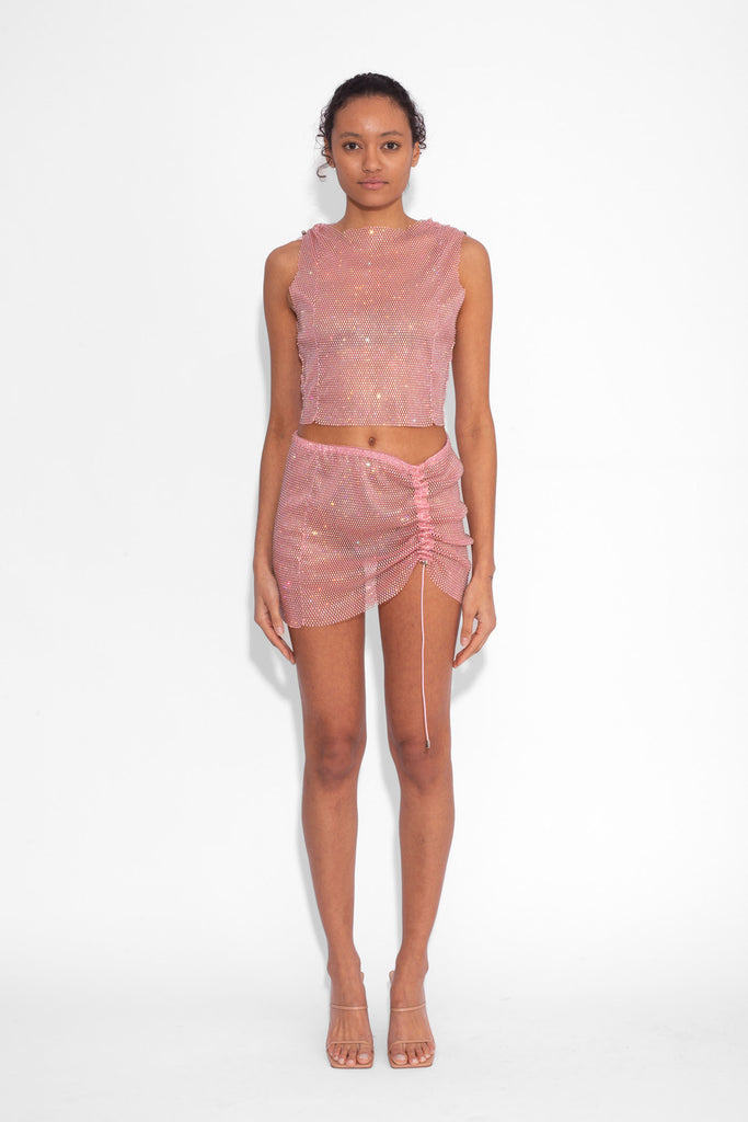 Crystal Embellished Fishnet Ruched Mini Skirt in Baby Pink