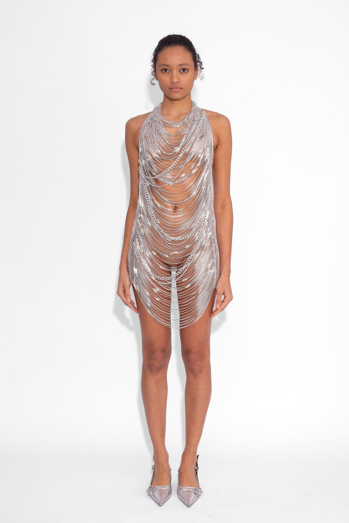 Shredded Chainmail Mini Dress in Silver