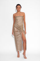 Crystal Embellished Fishnet Strapless Top in Gold