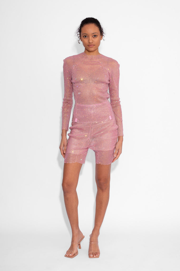 Crystal Embellished Fishnet Long Sleeved Top in Baby Pink
