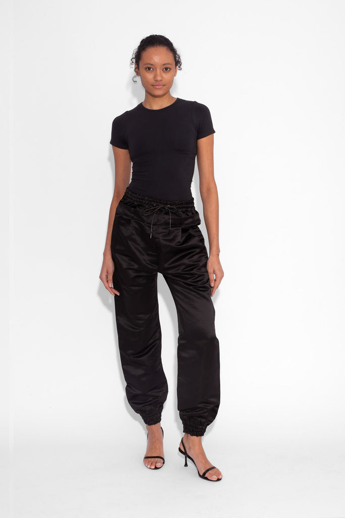 Double Waisted Satin Trousers in Black