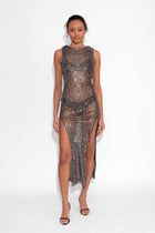 Crystal Embellished Fishnet Vest Dress in Black