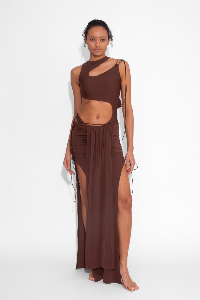 Stretch Draped Maxi Skirt in Cocoa