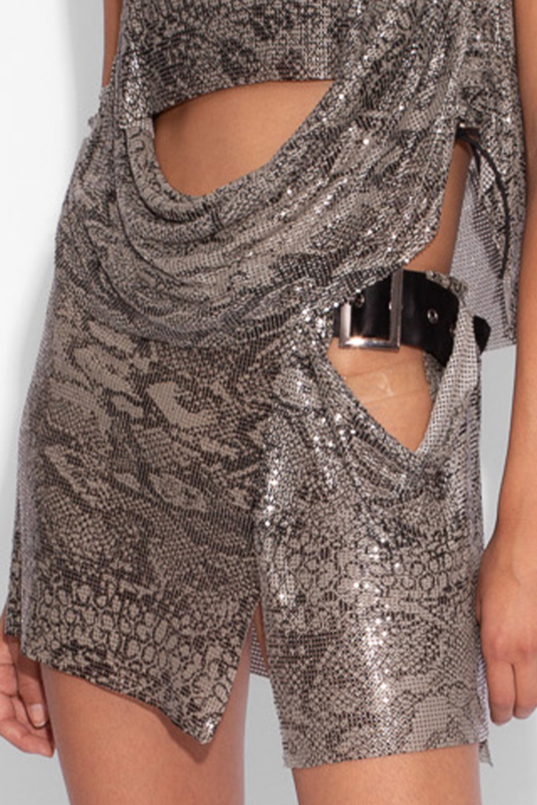 Buckle Chainmail Mini Skirt in Grey Snakeskin