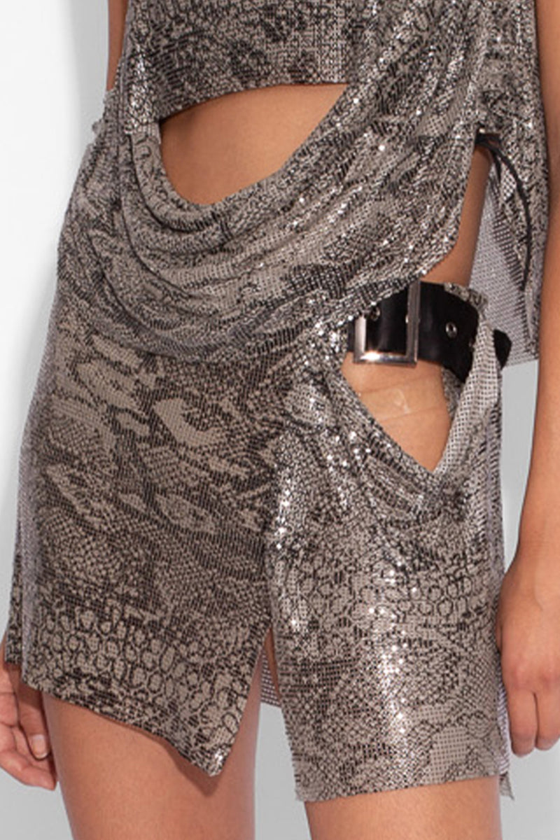 Buckle Chainmail Mini Skirt in Grey Snakeskin