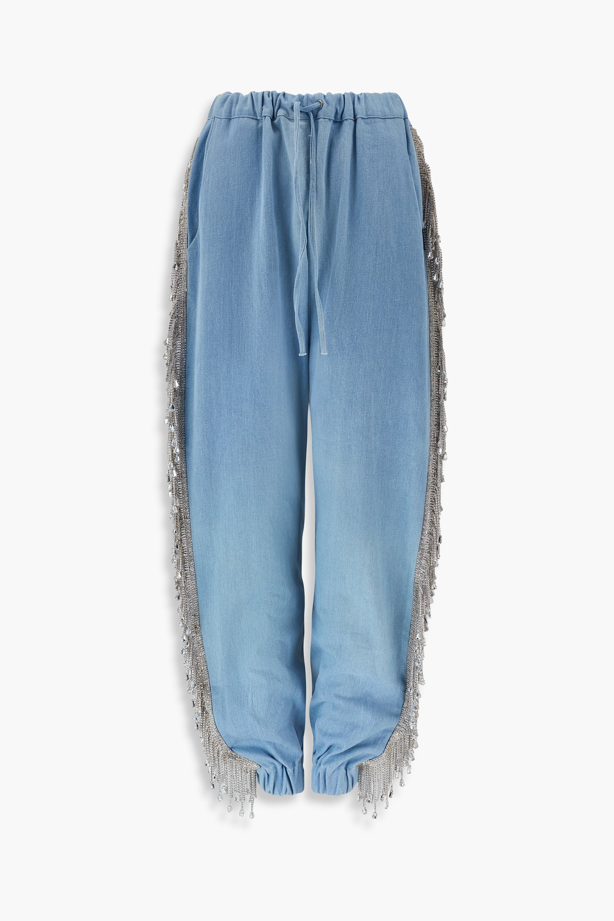 Denim Crystal Fringe Trousers