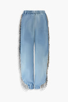 Denim Crystal Fringe Trousers