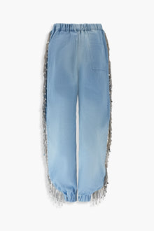 Denim Crystal Fringe Trousers