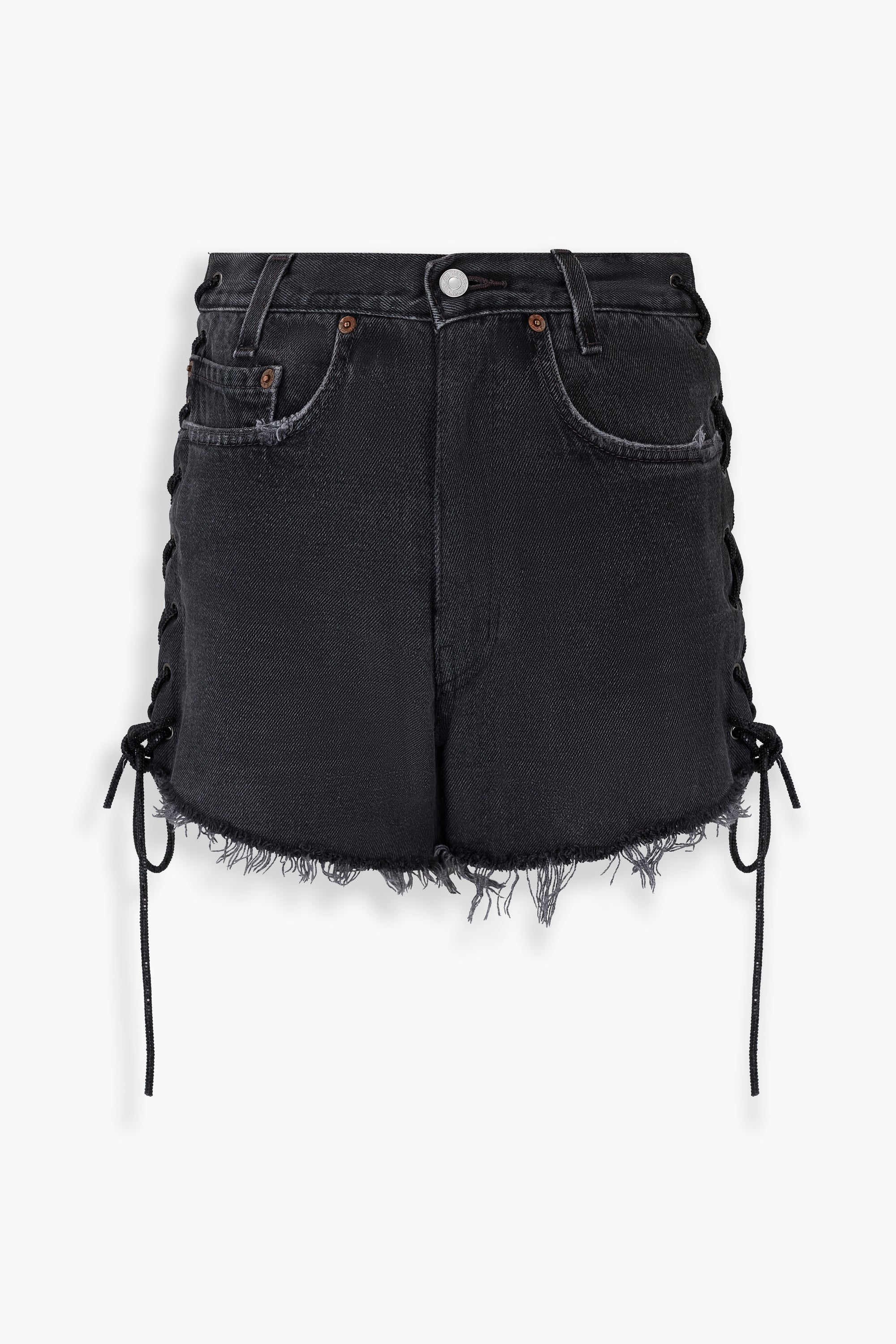 Denim Crystal Side Laced Up Shorts in Black