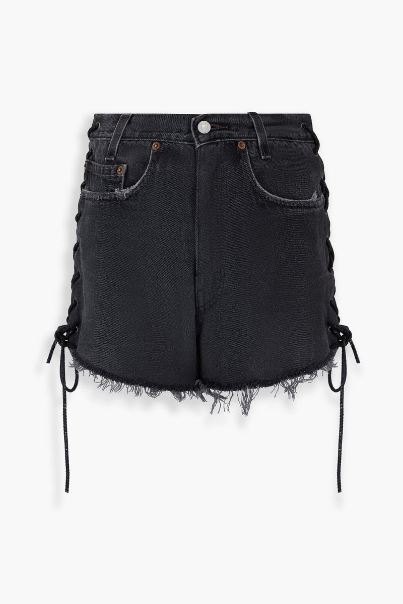 Denim Crystal Side Laced Up Shorts in Black