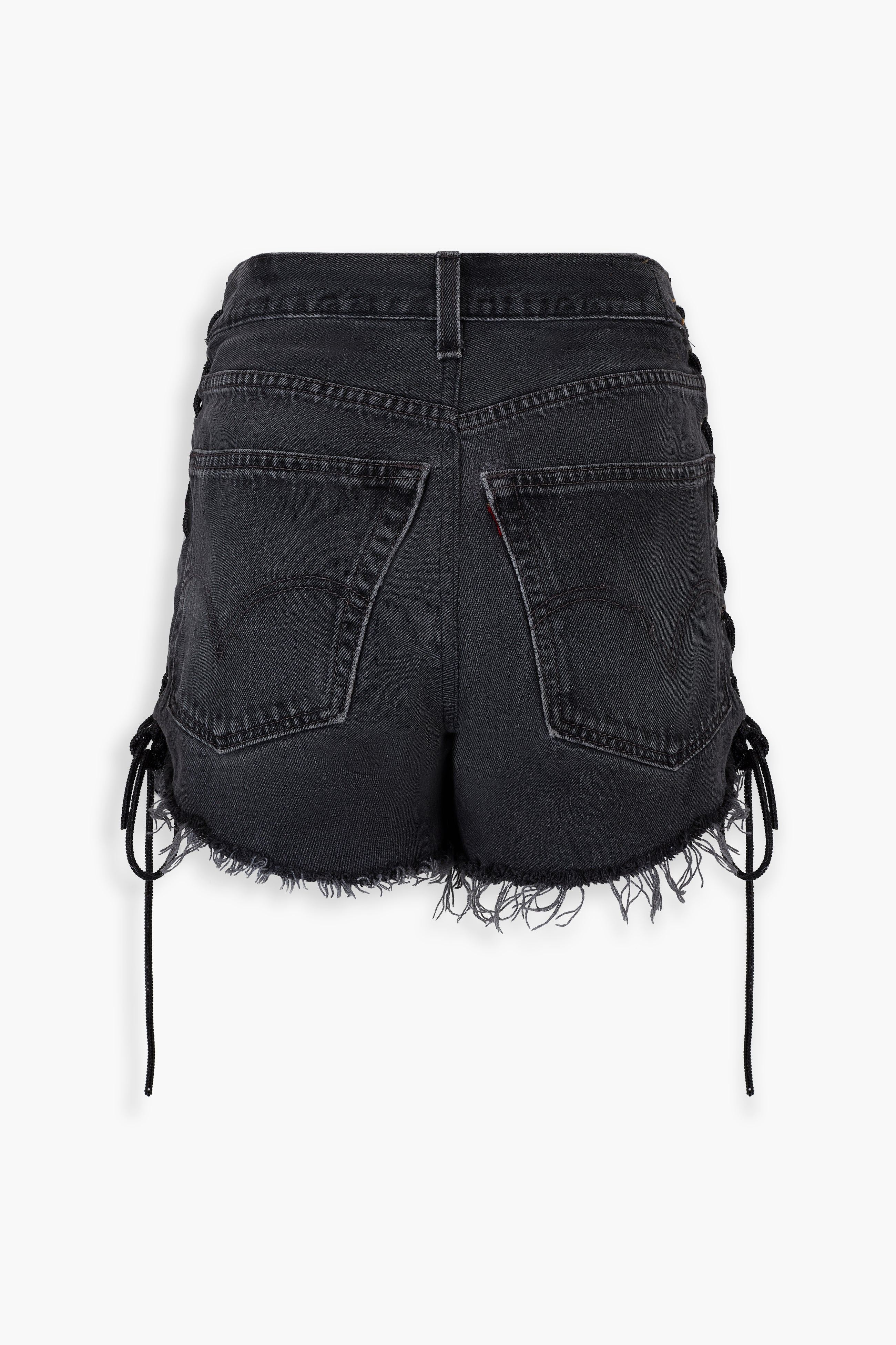 Denim Crystal Side Laced Up Shorts in Black